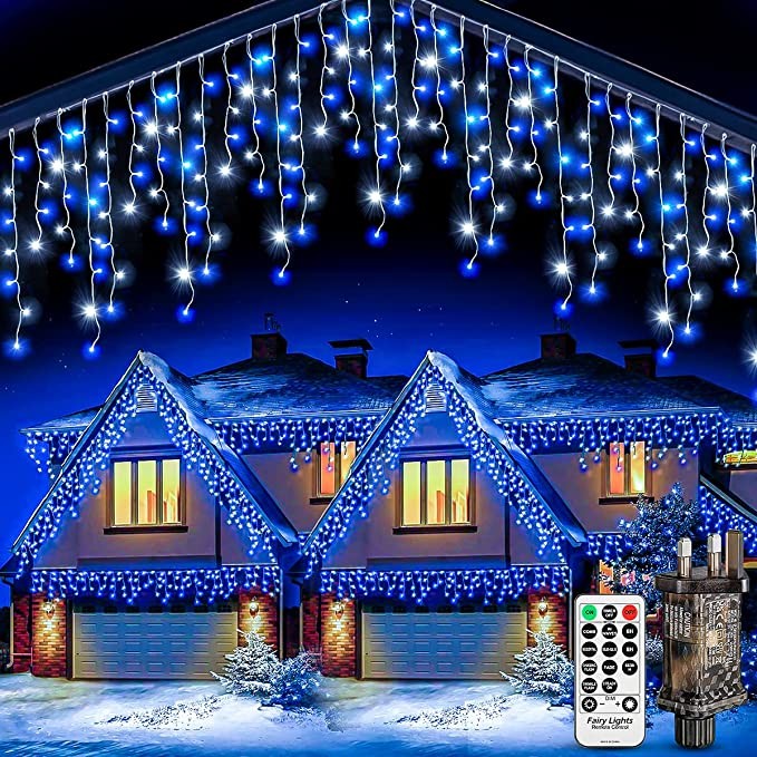 Outdoor Icicle Christmas Lights 10M - Fairy Lights Plug in Cool White & Blue Connectable Waterproof Led Bright Icicle Lights Mains Powered with 8 Modes & Remote Timer for Window Garden Party