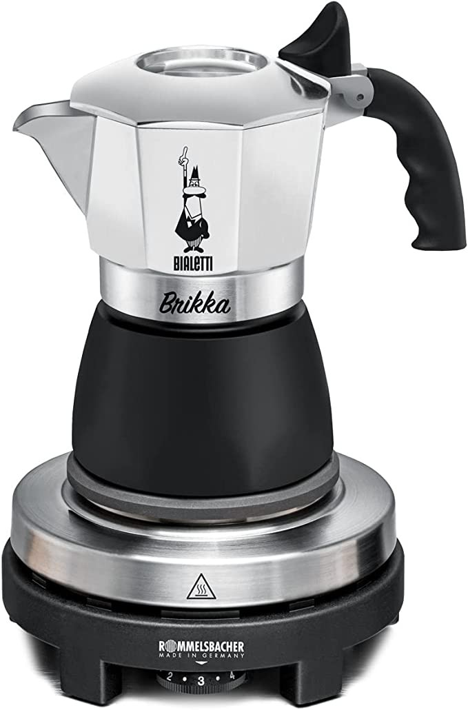 Rommelsbacher espresso gift set RK 505 / K-mini cooking plate, diameter 80 mm, infinitely adjustable, original Bialetti moka pot, 90 ml cream-forming brewing system, incl. 100 g mocha grind, black/sil