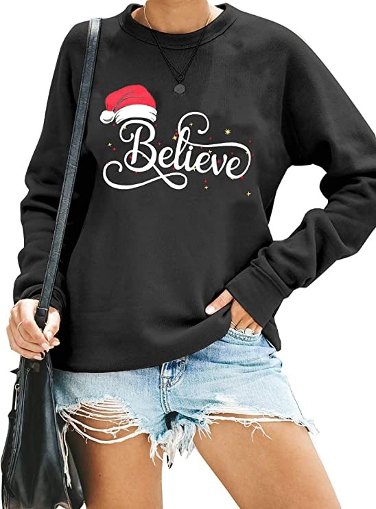 Believe Sweatshirt Women's Christmas Fun Graphic Lightweight Shirt Santa Hat Holiday Cute T Shirt Top, Black//White, Medium